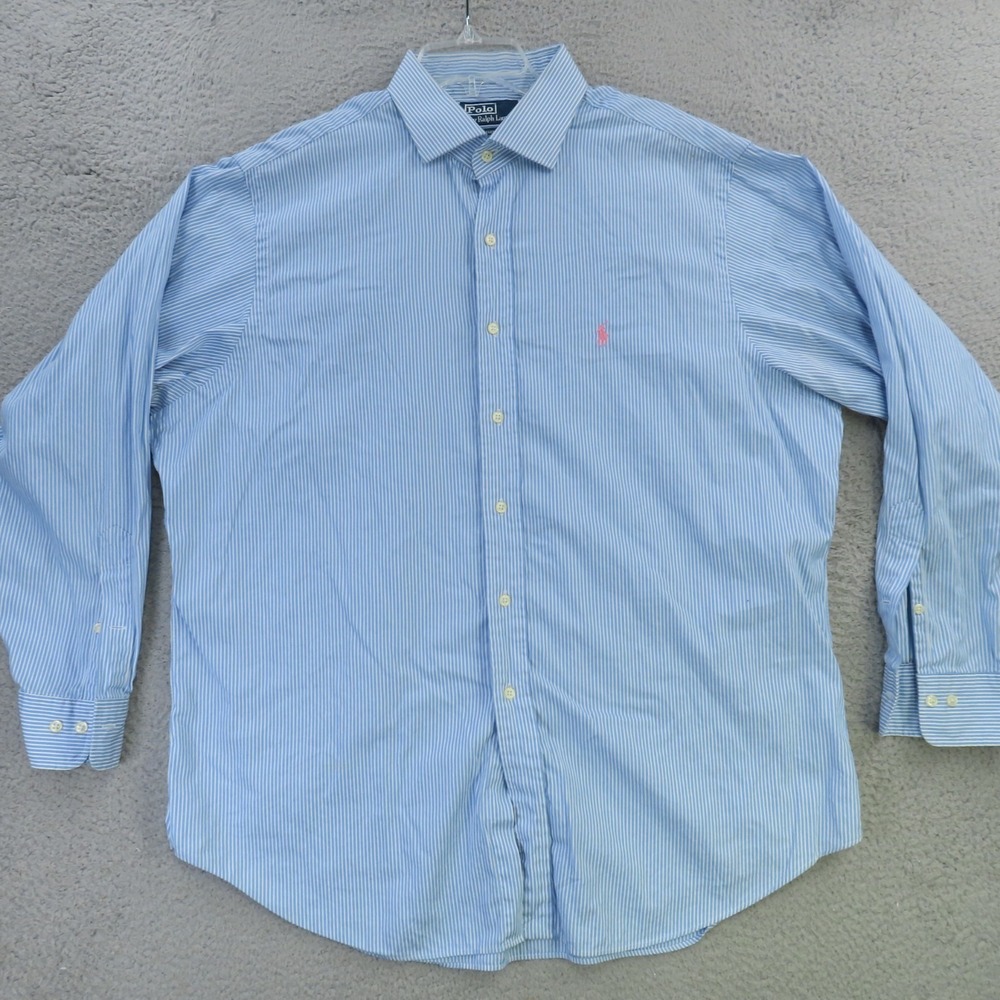 Ralph Lauren Polo Shirt Men XL 17.5 Blue Button Up Long Sleeve Pink Pony 34/35